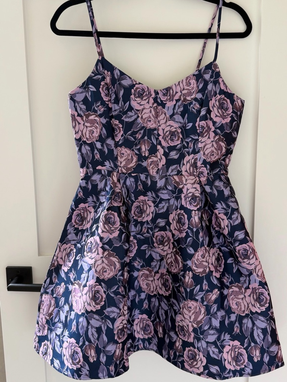 Floral Fit & Flare Spaghetti Strap Dress - Navy with Pink Roses